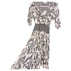 Assorti for Susan Freis Dress XS Floral‎ Ruffle Neck Pleated Midi Black White